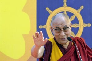 The Dalai Lama addresses a gathering at a stadium in the northeastern Indian city of Guwahati