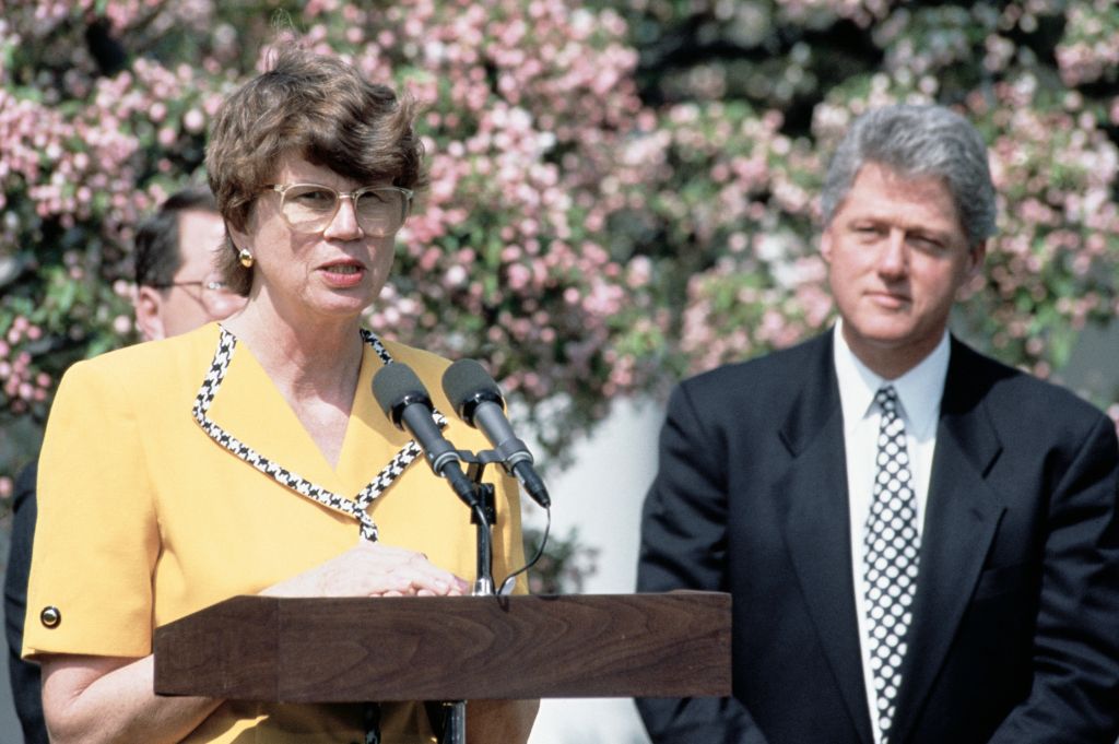 Janet Reno Speaking from a Podium