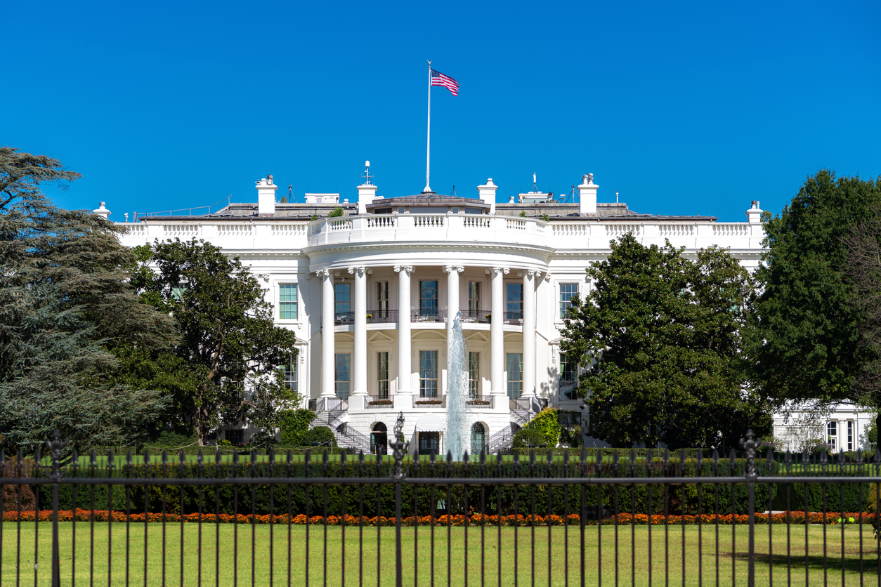 White House on deep blue sky background in Washington DC, USA.