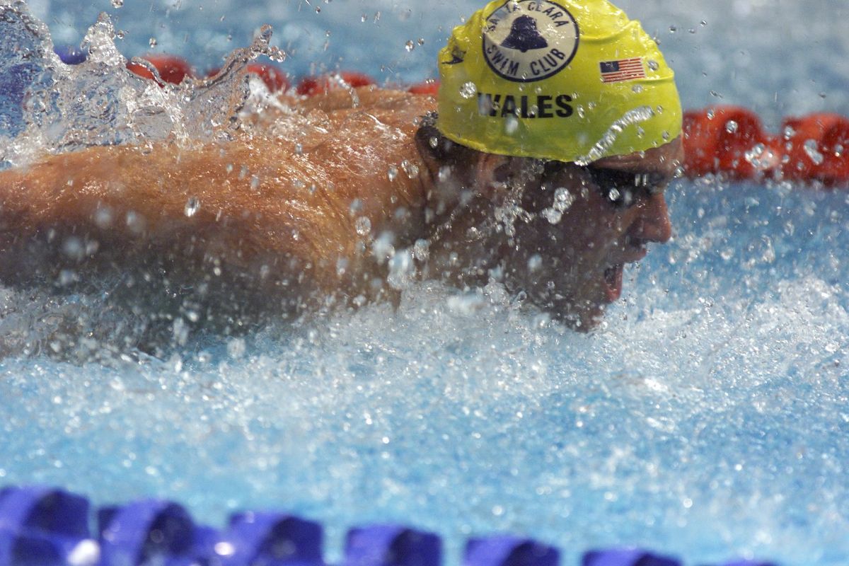 INDIANAPOLIS, INDIANA - AUGUST 14: Dod Wales, of Santa Clara, competes in the 100m sutterfly semifinals during the U.S. Olympic Swim Trials at the I.U. Natatorium August 14, 2000. (Karen T. Borchers/San Jose Mercury News)